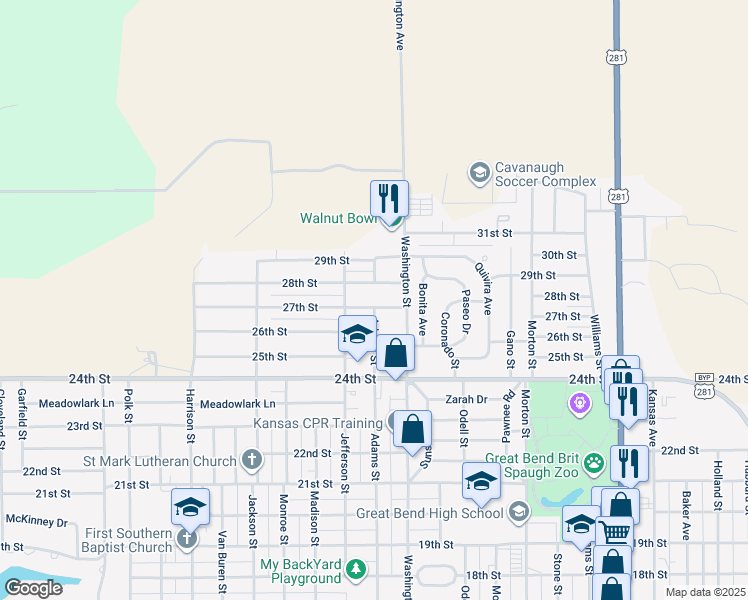 map of restaurants, bars, coffee shops, grocery stores, and more near 2718 27th Street in Great Bend