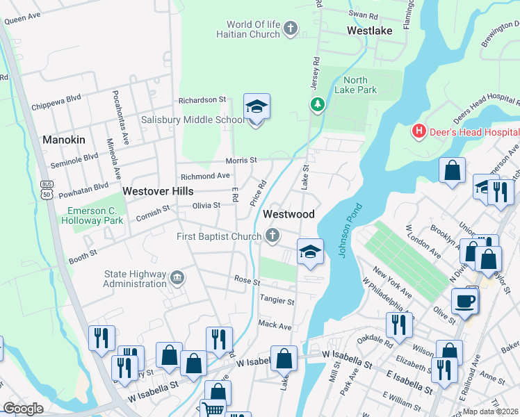 map of restaurants, bars, coffee shops, grocery stores, and more near 807 Price Road in Salisbury