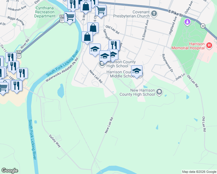map of restaurants, bars, coffee shops, grocery stores, and more near 881 New Lair Road in Cynthiana