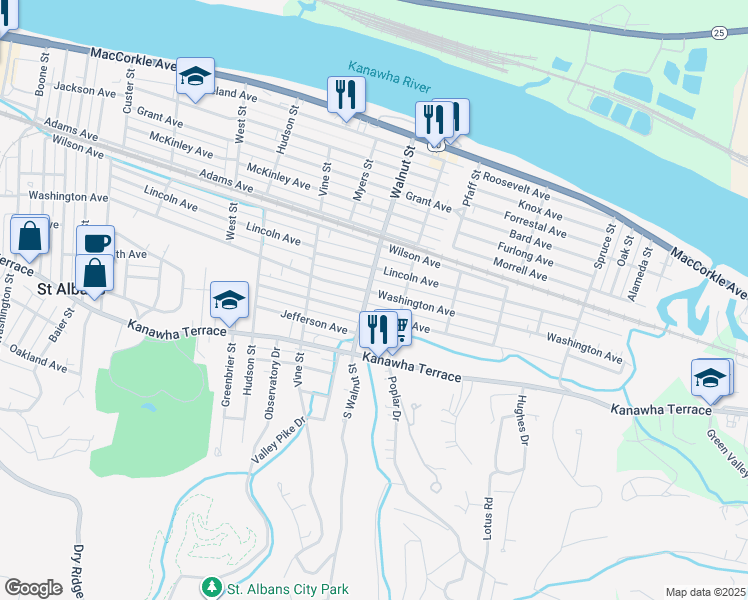 map of restaurants, bars, coffee shops, grocery stores, and more near 2413 Washington Avenue in Saint Albans