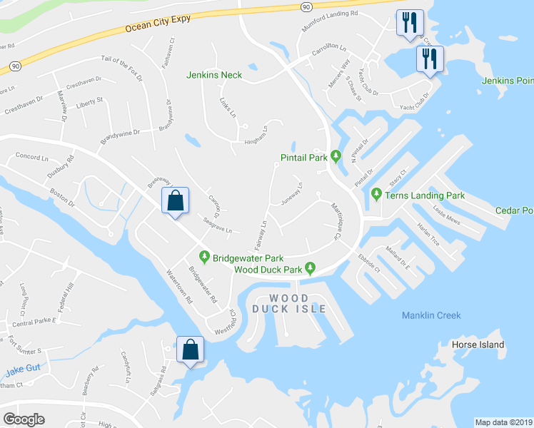 map of restaurants, bars, coffee shops, grocery stores, and more near 16 Fairway Lane in Ocean Pines