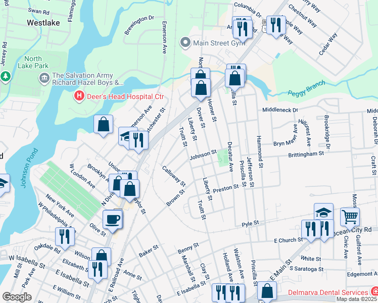map of restaurants, bars, coffee shops, grocery stores, and more near 611 Truitt Street in Salisbury