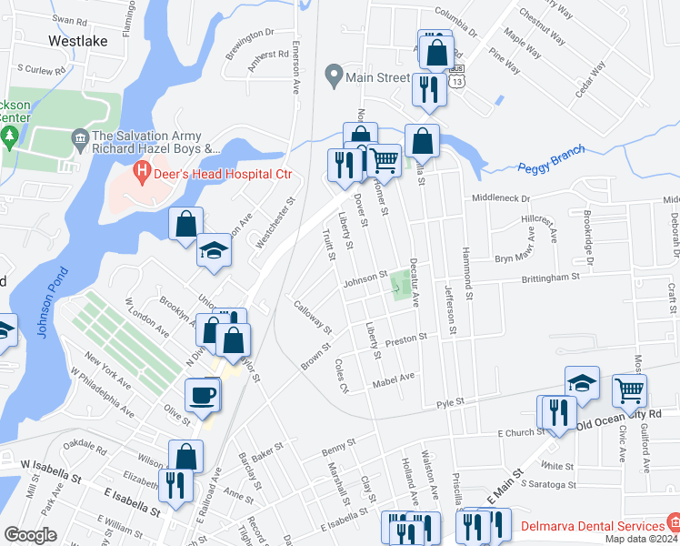 map of restaurants, bars, coffee shops, grocery stores, and more near 611 Truitt Street in Salisbury