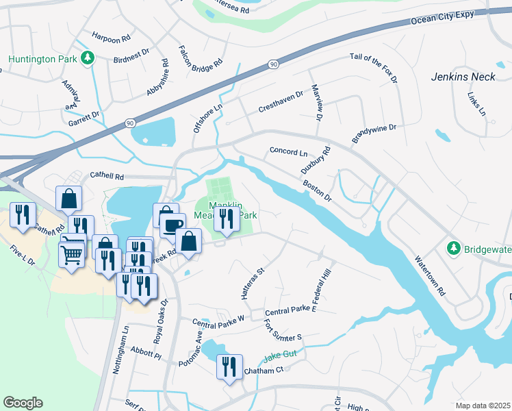 map of restaurants, bars, coffee shops, grocery stores, and more near 18 Easton Avenue in Ocean Pines