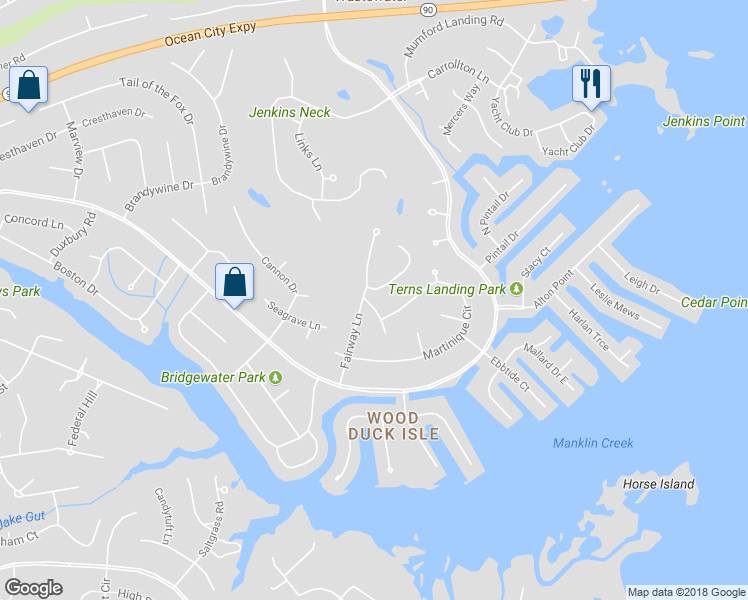 map of restaurants, bars, coffee shops, grocery stores, and more near 4 Juneway Lane in Ocean Pines