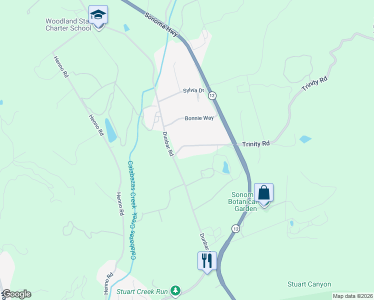 map of restaurants, bars, coffee shops, grocery stores, and more near 180 Trinity Road in Glen Ellen
