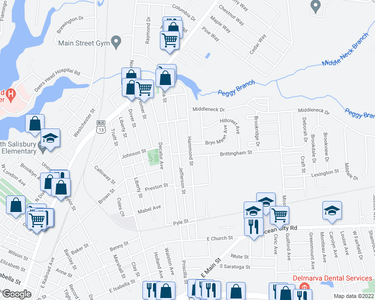 map of restaurants, bars, coffee shops, grocery stores, and more near 532 Hammond Street in Salisbury