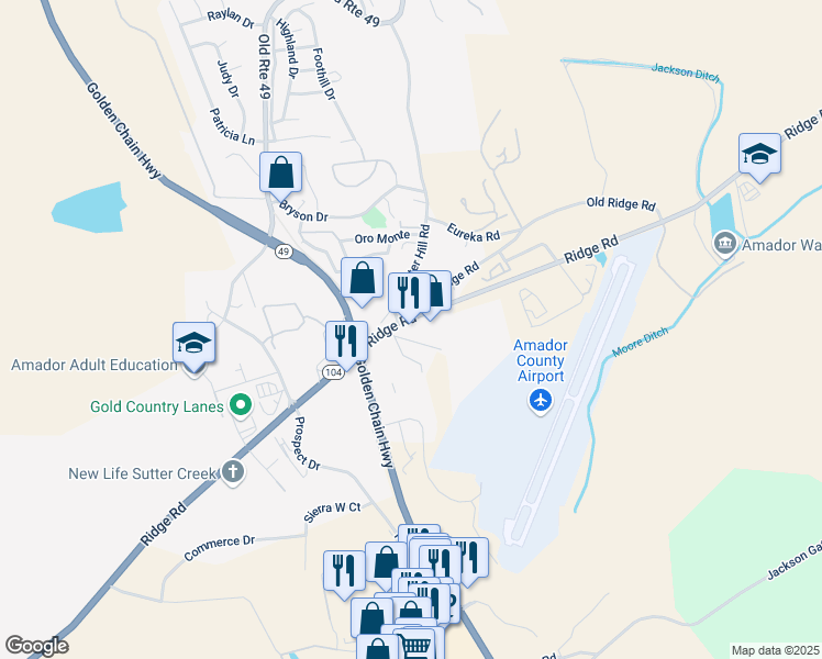 map of restaurants, bars, coffee shops, grocery stores, and more near 11 Ridge Road in Sutter Creek