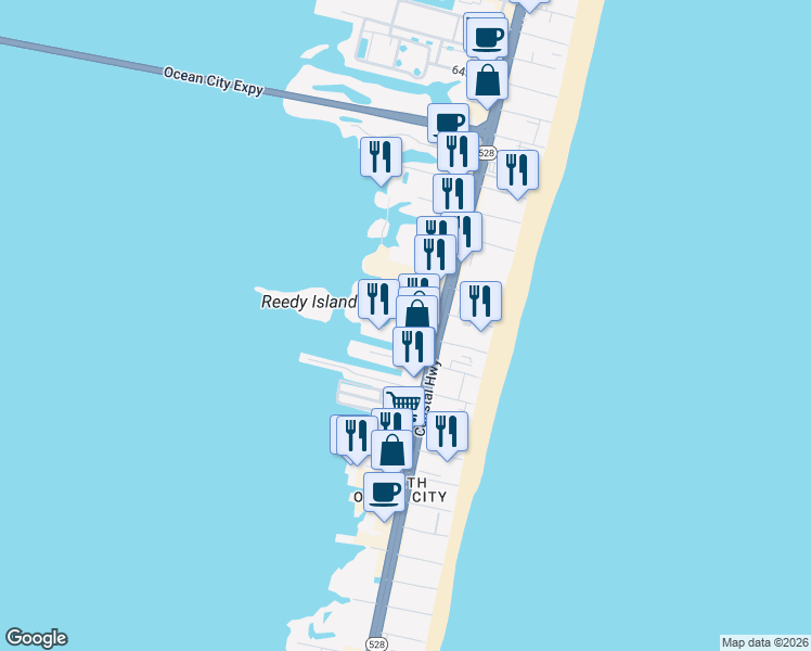 map of restaurants, bars, coffee shops, grocery stores, and more near 5401 Coastal Highway in Ocean City