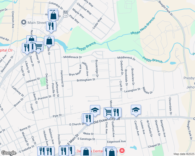 map of restaurants, bars, coffee shops, grocery stores, and more near 300 Moss Hill Lane in Salisbury