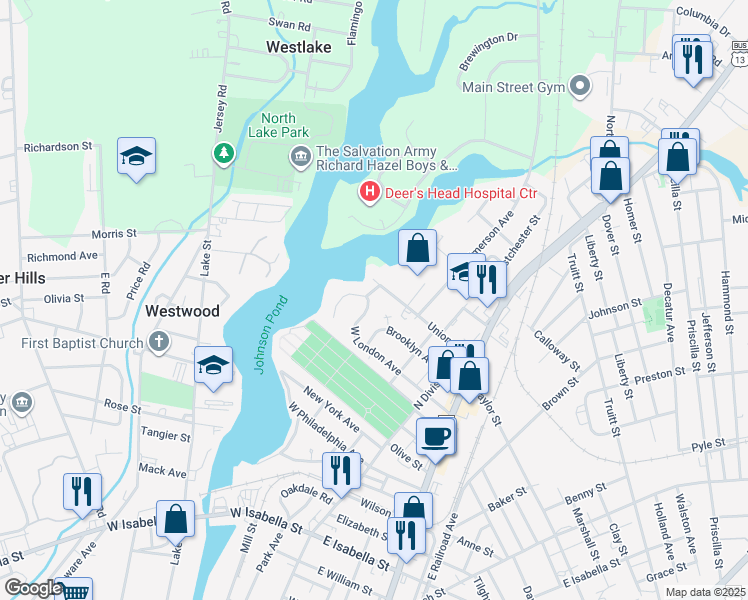 map of restaurants, bars, coffee shops, grocery stores, and more near 317 West London Avenue in Salisbury