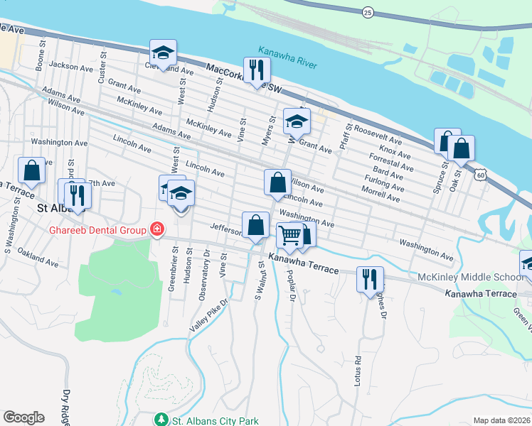 map of restaurants, bars, coffee shops, grocery stores, and more near 2329 Washington Avenue in Saint Albans