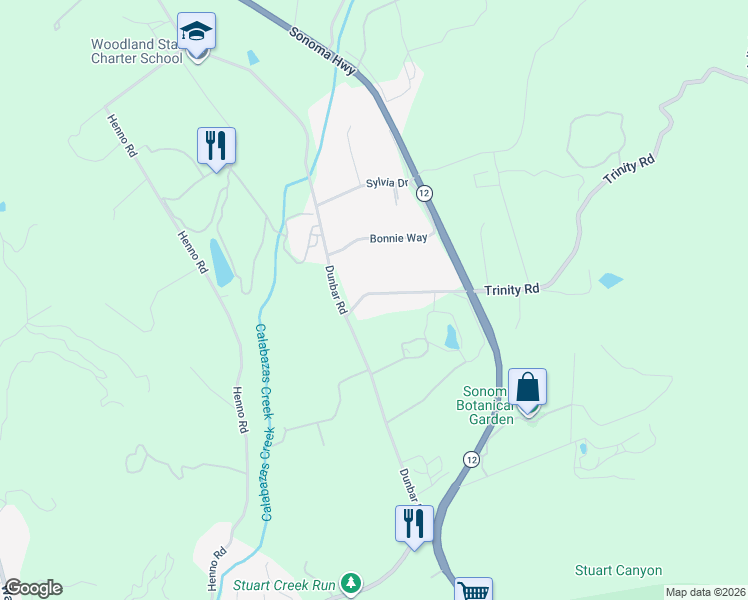 map of restaurants, bars, coffee shops, grocery stores, and more near 180 Trinity Road in Glen Ellen