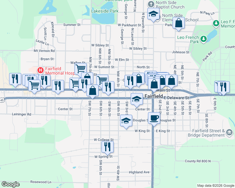 map of restaurants, bars, coffee shops, grocery stores, and more near 499 West Delaware Street in Fairfield