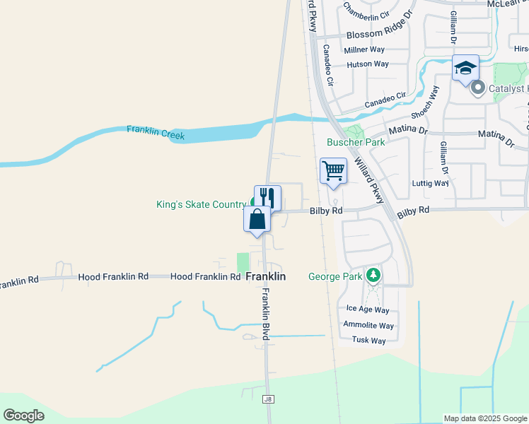 map of restaurants, bars, coffee shops, grocery stores, and more near Franklin Boulevard & Bilby Road in Elk Grove