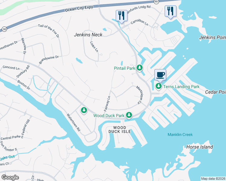 map of restaurants, bars, coffee shops, grocery stores, and more near 4 Juneway Lane in Ocean Pines