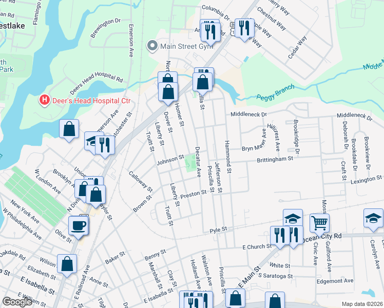 map of restaurants, bars, coffee shops, grocery stores, and more near 927 Johnson Street in Salisbury
