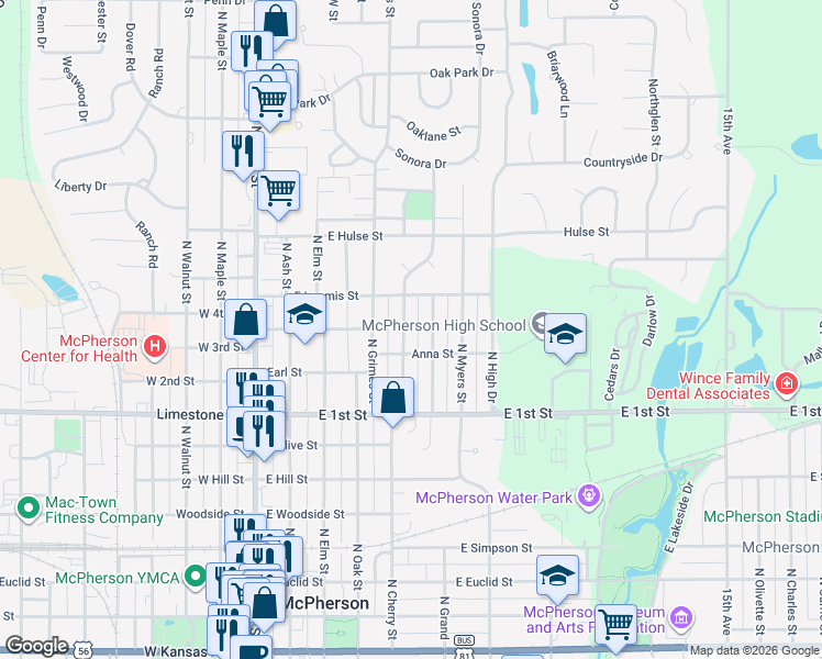 map of restaurants, bars, coffee shops, grocery stores, and more near 915 N Barber St in McPherson