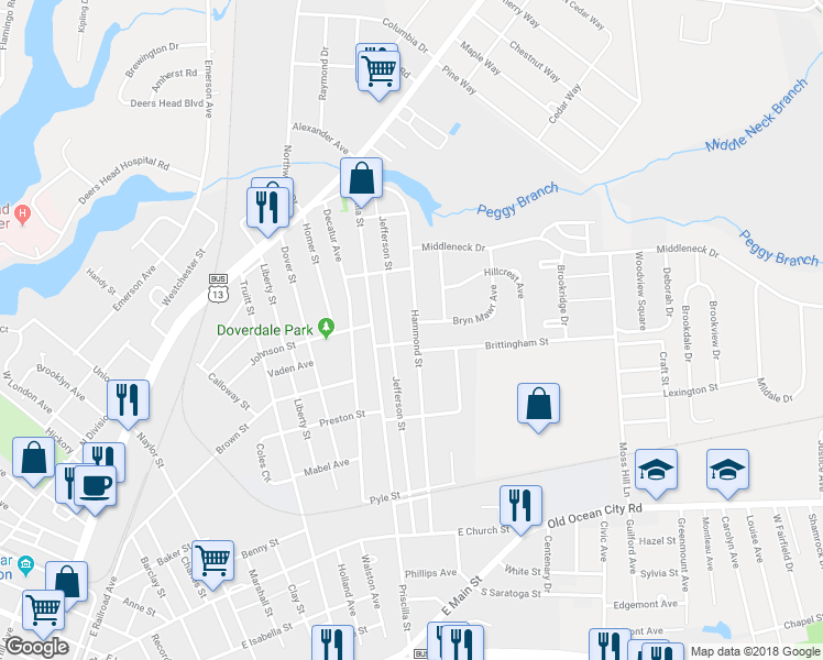 map of restaurants, bars, coffee shops, grocery stores, and more near 536 Hammond Street in Salisbury
