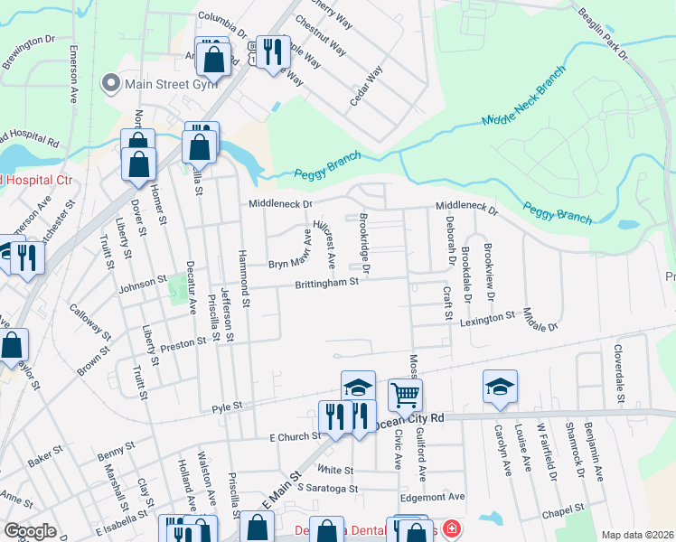 map of restaurants, bars, coffee shops, grocery stores, and more near 1139 Hillcrest Avenue in Salisbury