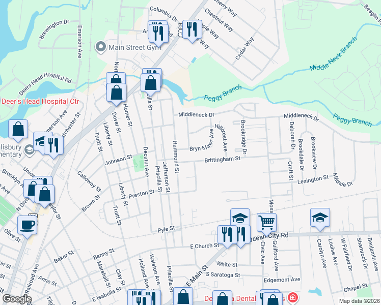 map of restaurants, bars, coffee shops, grocery stores, and more near 1110 Bryn Mawr Avenue in Salisbury