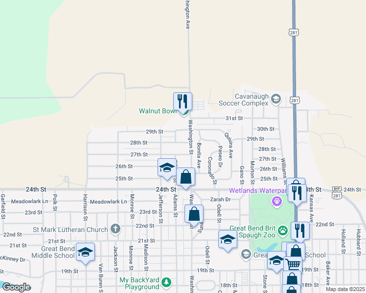 map of restaurants, bars, coffee shops, grocery stores, and more near 2606 27th Street in Great Bend