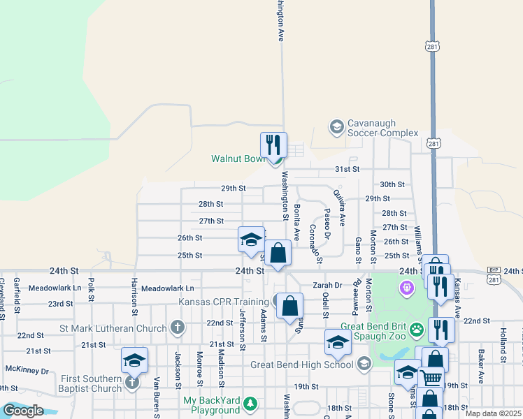 map of restaurants, bars, coffee shops, grocery stores, and more near 2718 27th Street in Great Bend