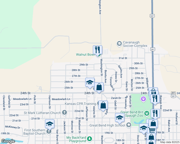 map of restaurants, bars, coffee shops, grocery stores, and more near 2718 27th Street in Great Bend