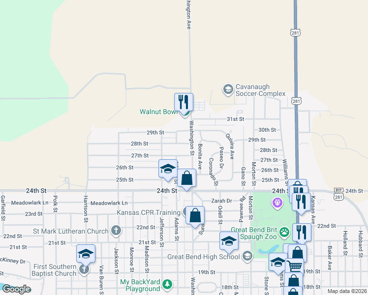 map of restaurants, bars, coffee shops, grocery stores, and more near 2605 28th Street in Great Bend