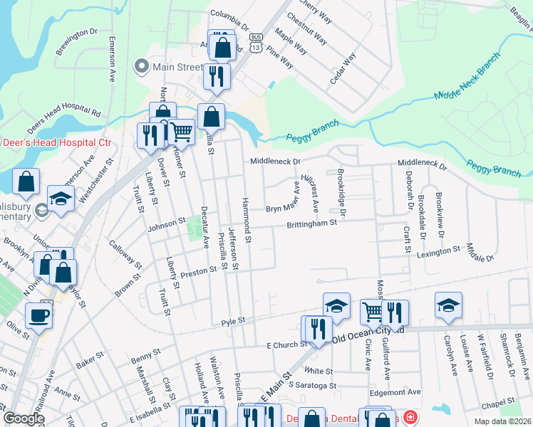 map of restaurants, bars, coffee shops, grocery stores, and more near 1110 Bryn Mawr Avenue in Salisbury