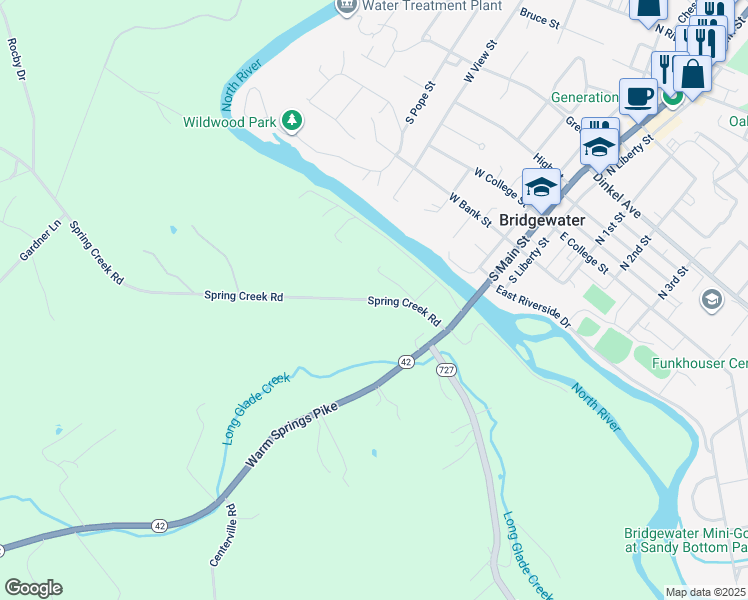 map of restaurants, bars, coffee shops, grocery stores, and more near Spring Creek Road in Bridgewater