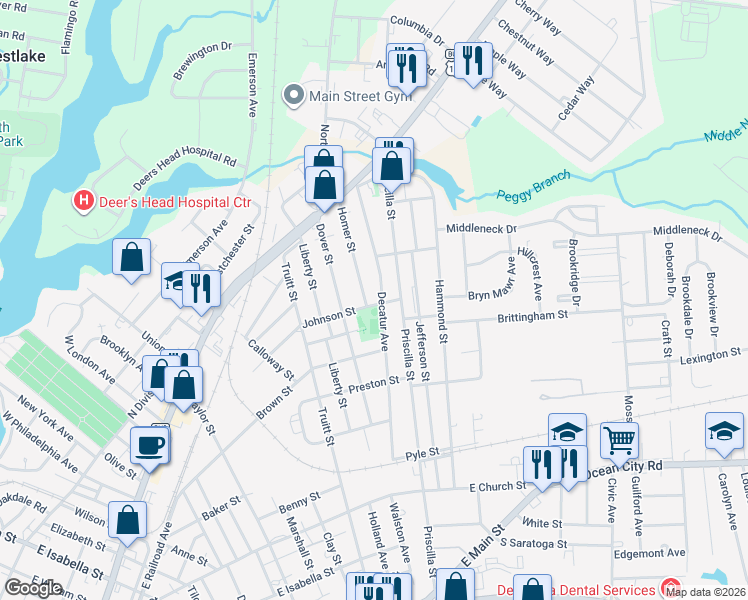 map of restaurants, bars, coffee shops, grocery stores, and more near 927 Johnson Street in Salisbury