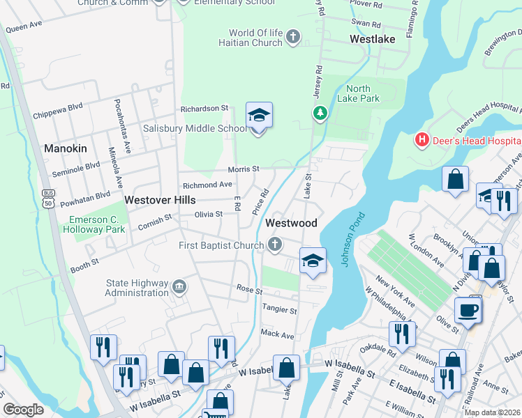 map of restaurants, bars, coffee shops, grocery stores, and more near 807 Price Road in Salisbury