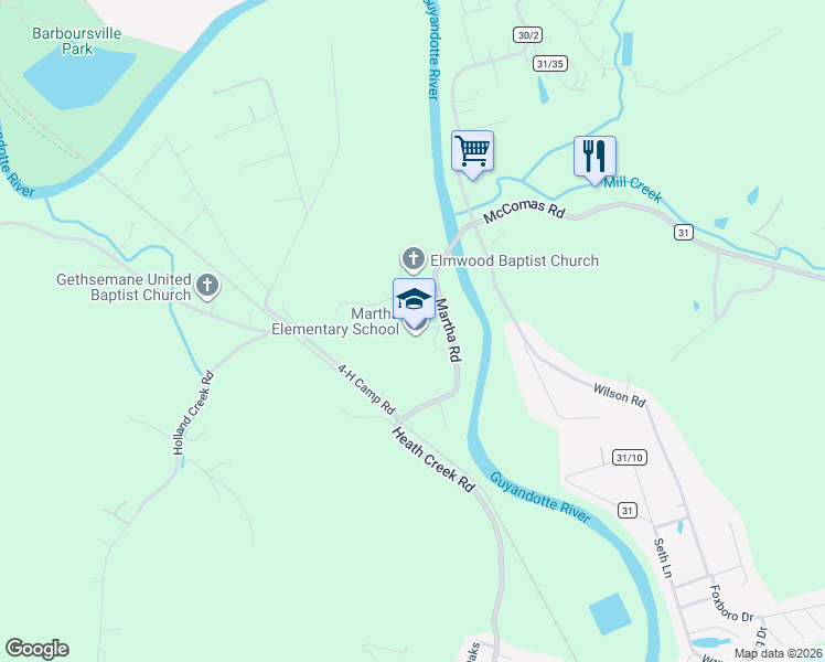map of restaurants, bars, coffee shops, grocery stores, and more near 3067 Martha Road in Barboursville