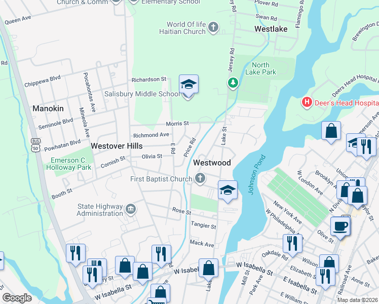 map of restaurants, bars, coffee shops, grocery stores, and more near 807 Price Road in Salisbury