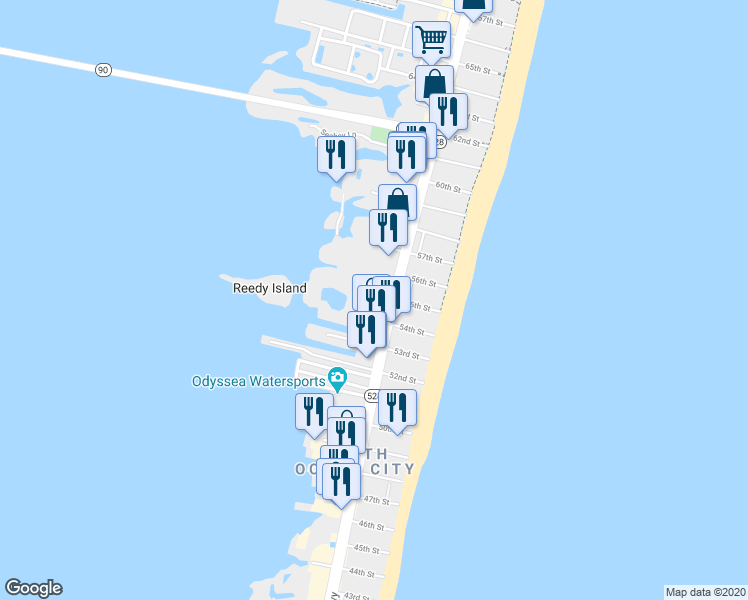 map of restaurants, bars, coffee shops, grocery stores, and more near 5401 Coastal Highway in Ocean City