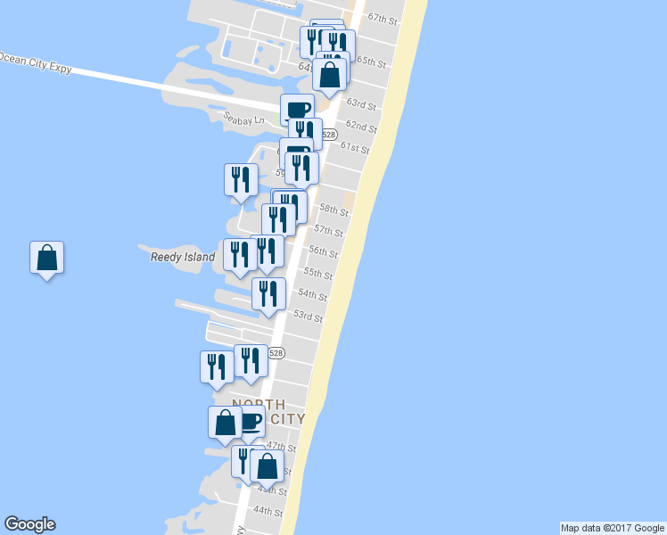 map of restaurants, bars, coffee shops, grocery stores, and more near 5501 Atlantic Avenue in Ocean City