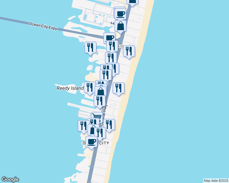 map of restaurants, bars, coffee shops, grocery stores, and more near 5500 Coastal Highway in Ocean City