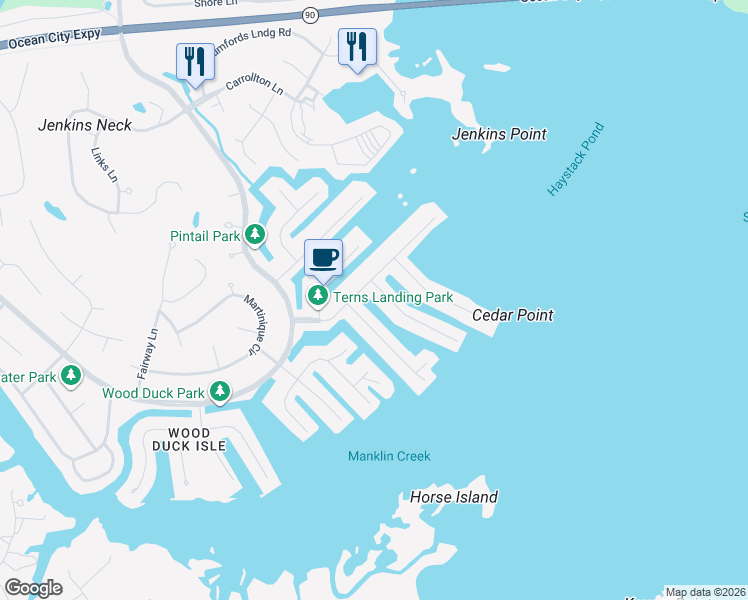 map of restaurants, bars, coffee shops, grocery stores, and more near 4 Leslie Mews in Ocean Pines
