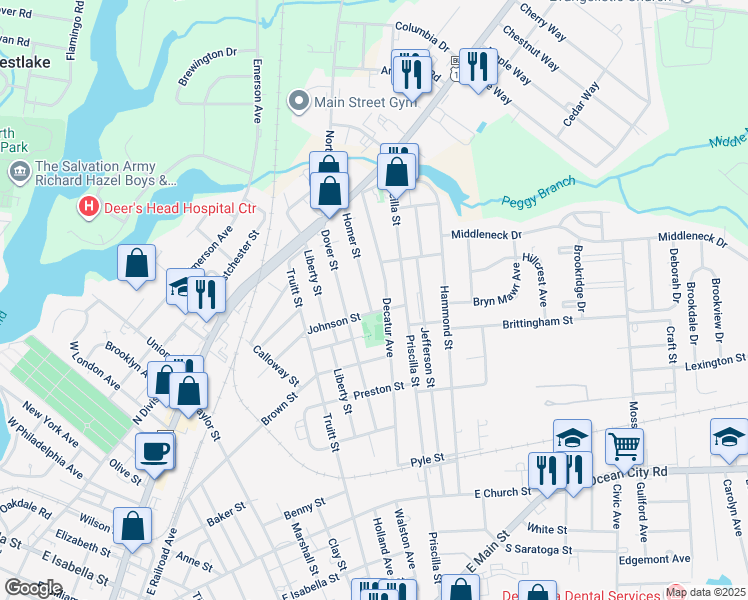 map of restaurants, bars, coffee shops, grocery stores, and more near 603 Homer Street in Salisbury
