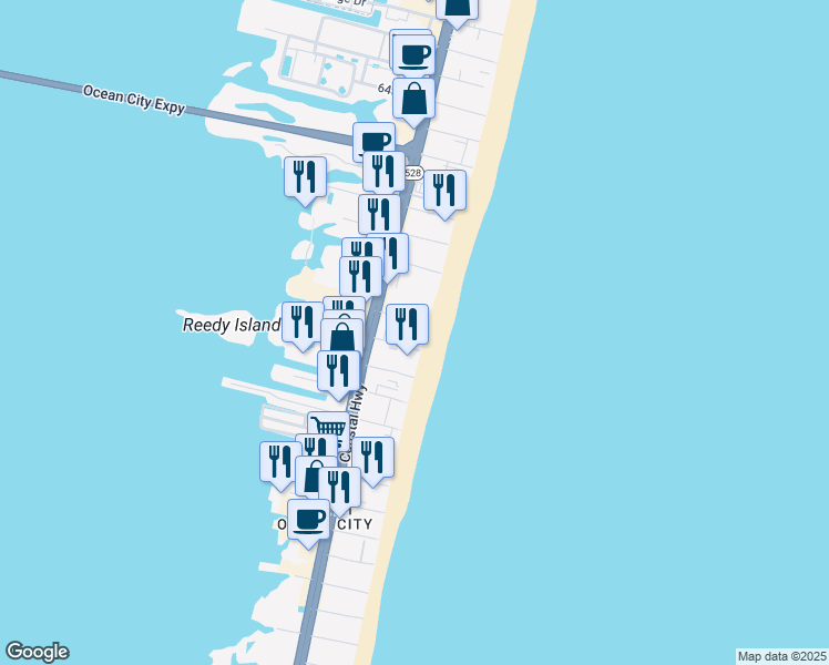 map of restaurants, bars, coffee shops, grocery stores, and more near 5501 Atlantic Avenue in Ocean City