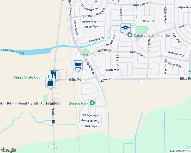 map of restaurants, bars, coffee shops, grocery stores, and more near Bilby Road & Willard Parkway in Elk Grove