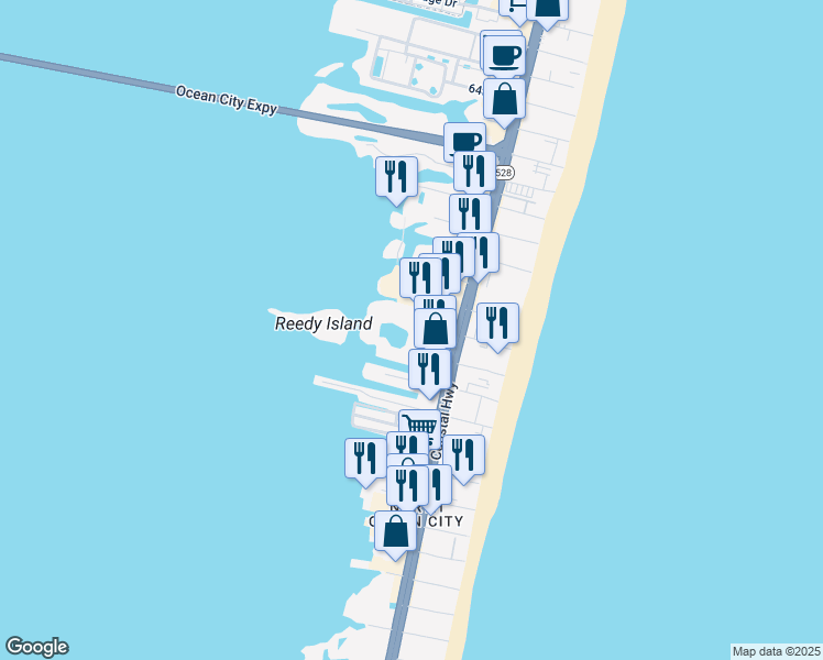 map of restaurants, bars, coffee shops, grocery stores, and more near 5311 54th Street in Ocean City