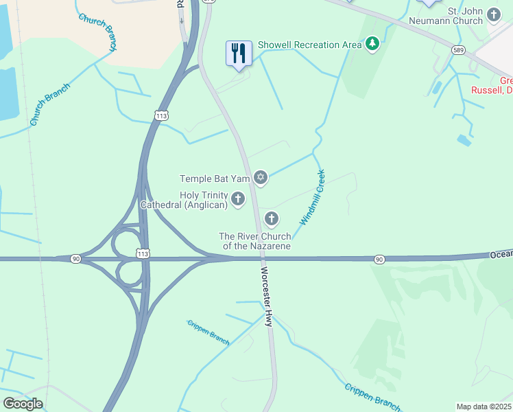 map of restaurants, bars, coffee shops, grocery stores, and more near 11010 Worcester Highway in Berlin
