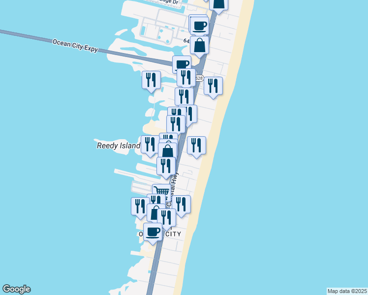 map of restaurants, bars, coffee shops, grocery stores, and more near 5400 Maryland 528 in Ocean City