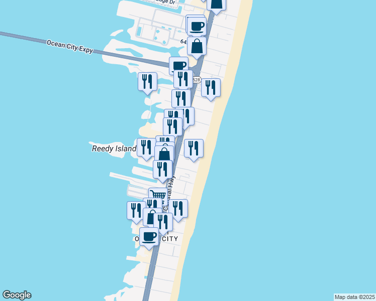 map of restaurants, bars, coffee shops, grocery stores, and more near 5500 Coastal Highway in Ocean City