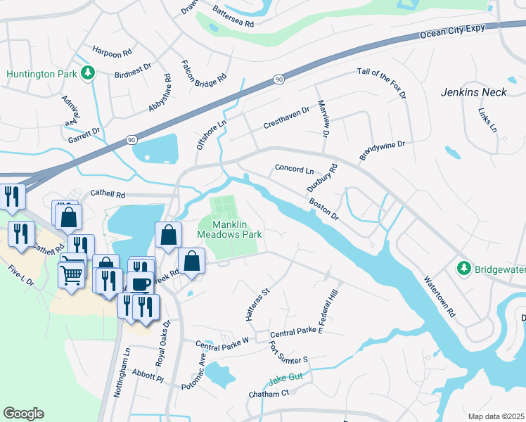 map of restaurants, bars, coffee shops, grocery stores, and more near 18 Easton Avenue in Ocean Pines