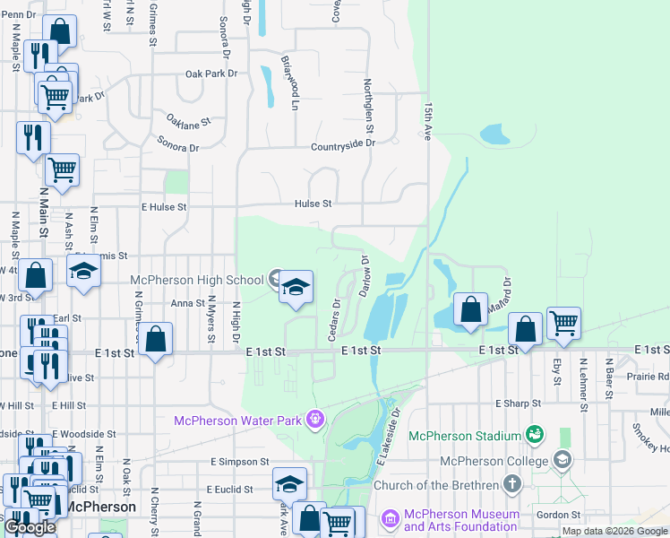 map of restaurants, bars, coffee shops, grocery stores, and more near 1021 Cedars Drive in McPherson
