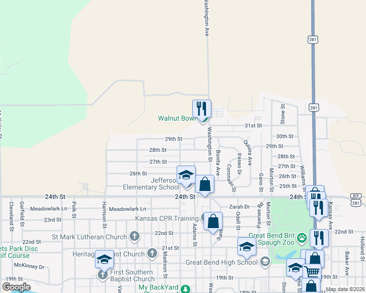 map of restaurants, bars, coffee shops, grocery stores, and more near 2710 29th Street in Great Bend