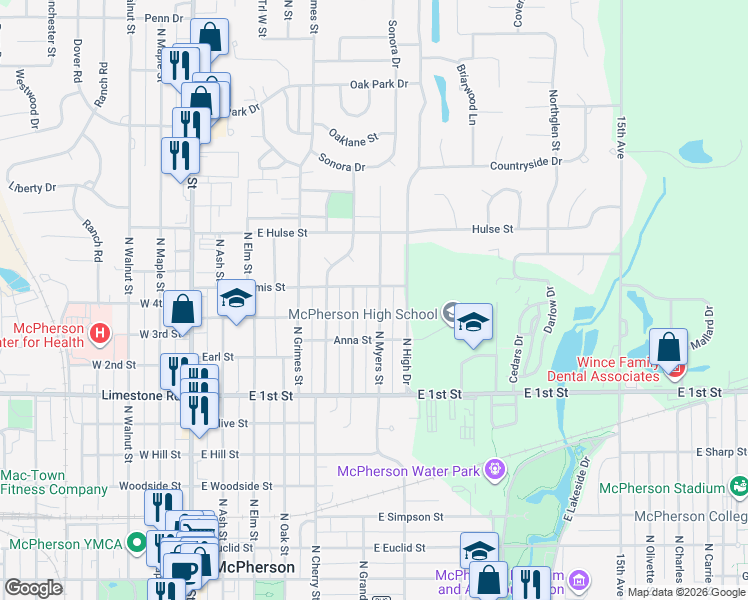 map of restaurants, bars, coffee shops, grocery stores, and more near 933 North Myers Street in McPherson
